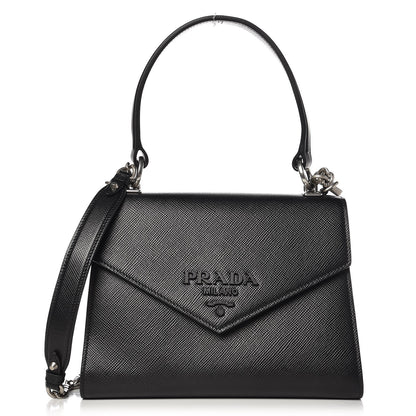 Prada Saffiano Cuir Calfskin Monochrome Envelope Flap Top Handle Chain Shoulder Bag Black 1 of 6