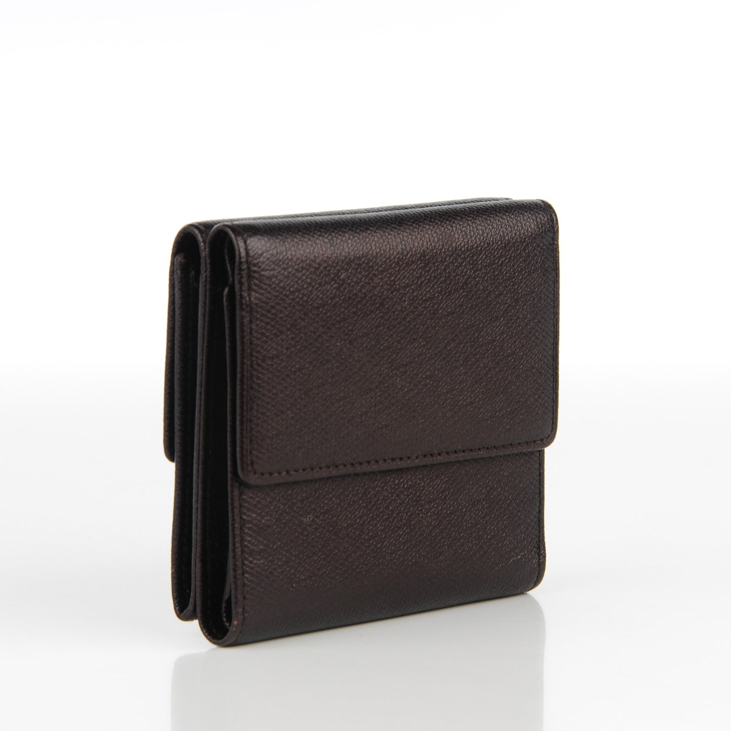 Grained Calfskin CC Button Compact Wallet Dark Brown
