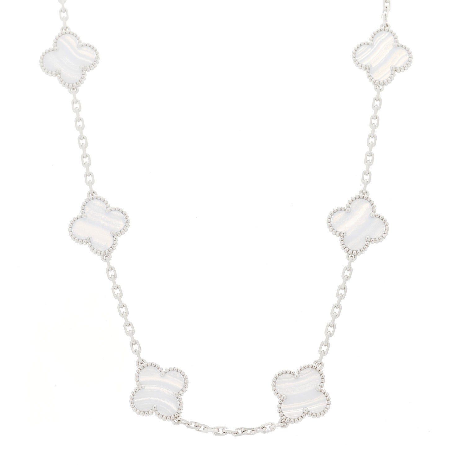 Van Cleef & Arpels 18K White Gold Chalcedony 10 Motifs Vintage Alhambra Necklace 1 of 7