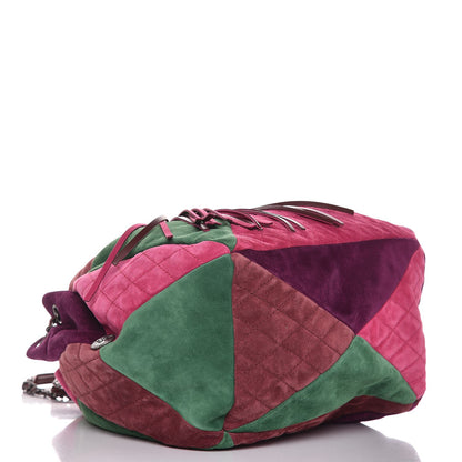 Chanel Suede Quilted Patchwork Drawstring Bag Green Pink Purple Burgundy 4 of 16