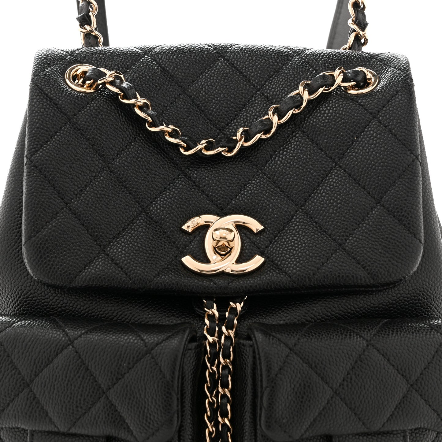 Shiny Caviar Quilted Medium Duma Pockets Drawstring Backpack Black