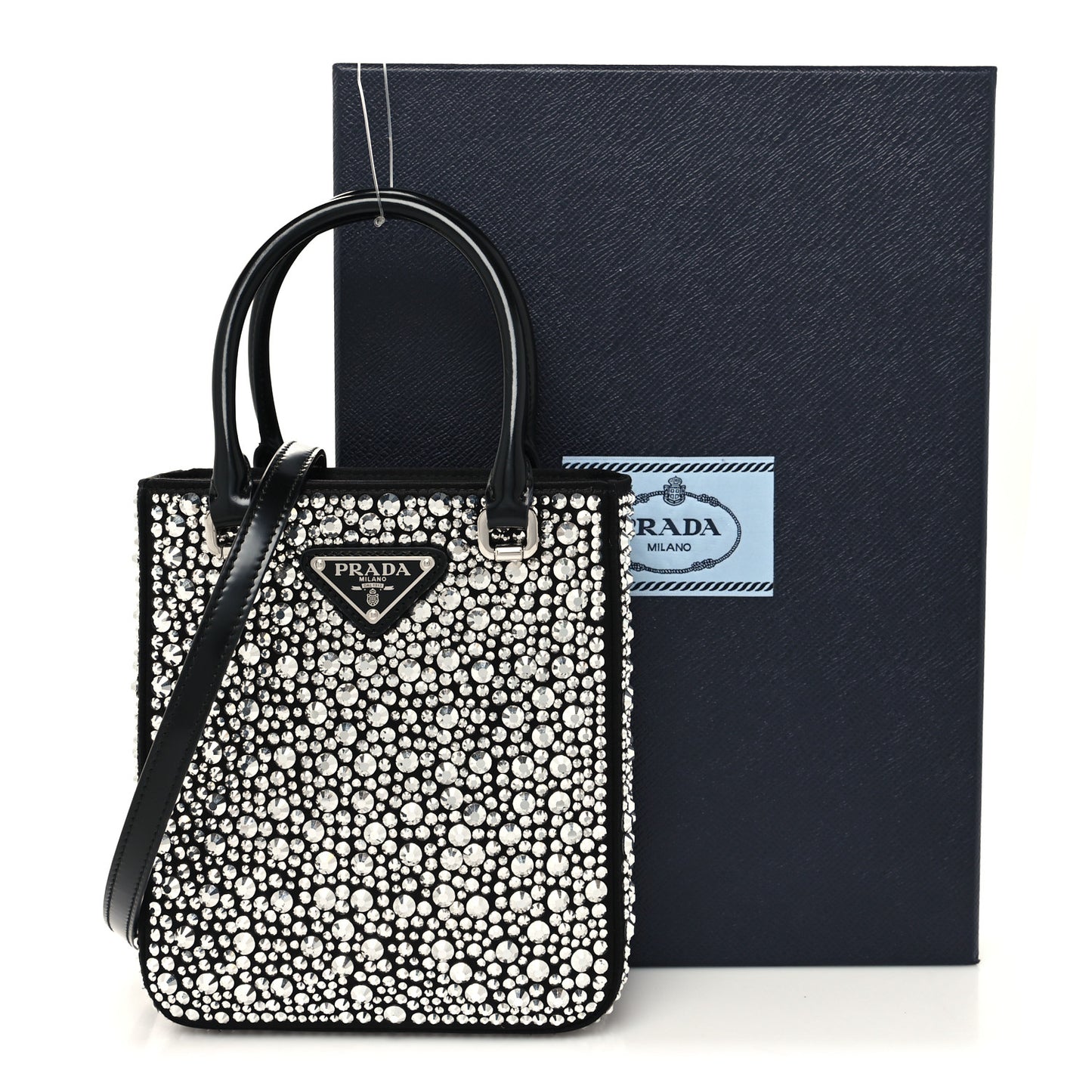 Satin Crystal Metal Triangle Logo Small Double Handle Crossbody Tote Metal
