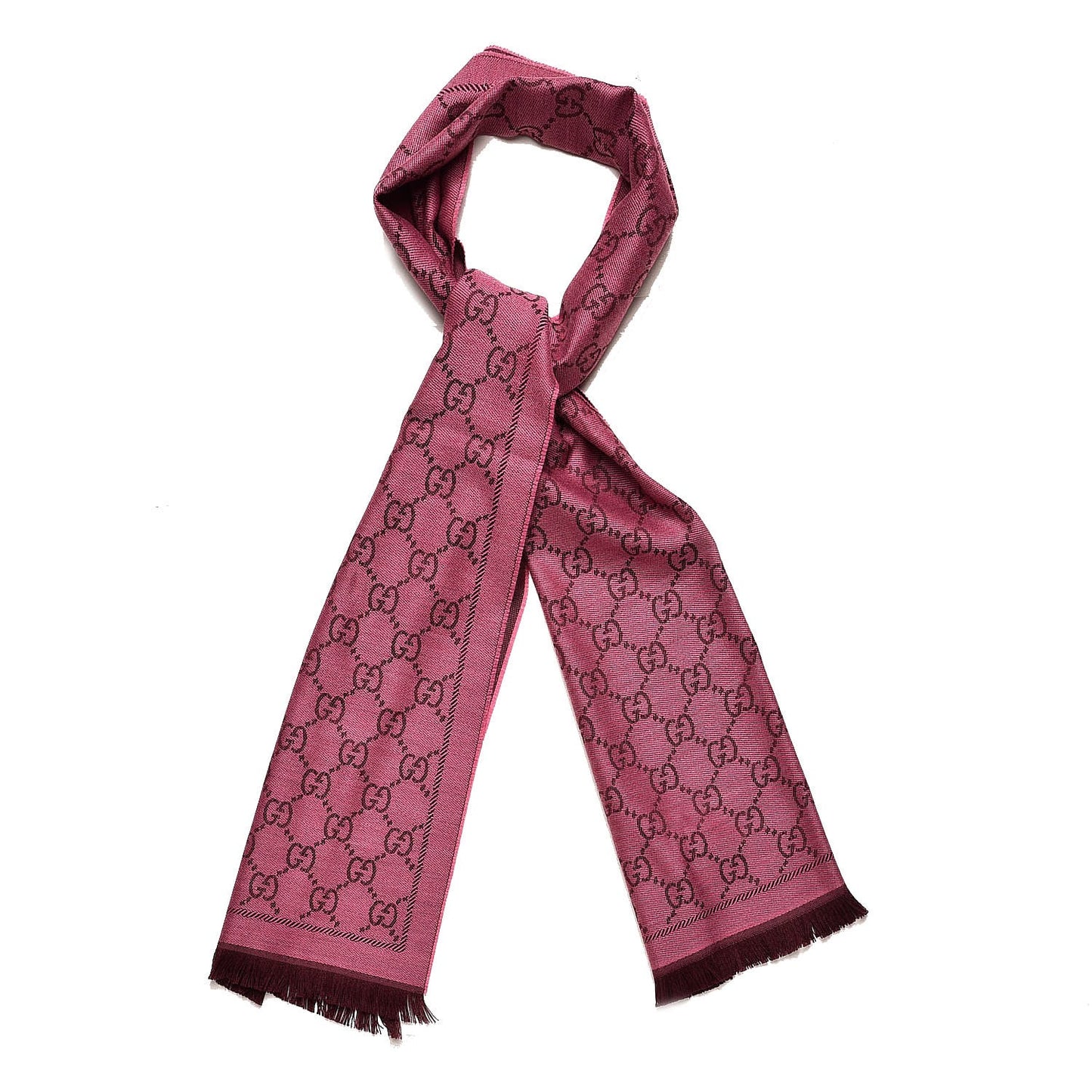 Wool Jacquard GG Monogram Sten Fringe Scarf Magenta Bordeaux