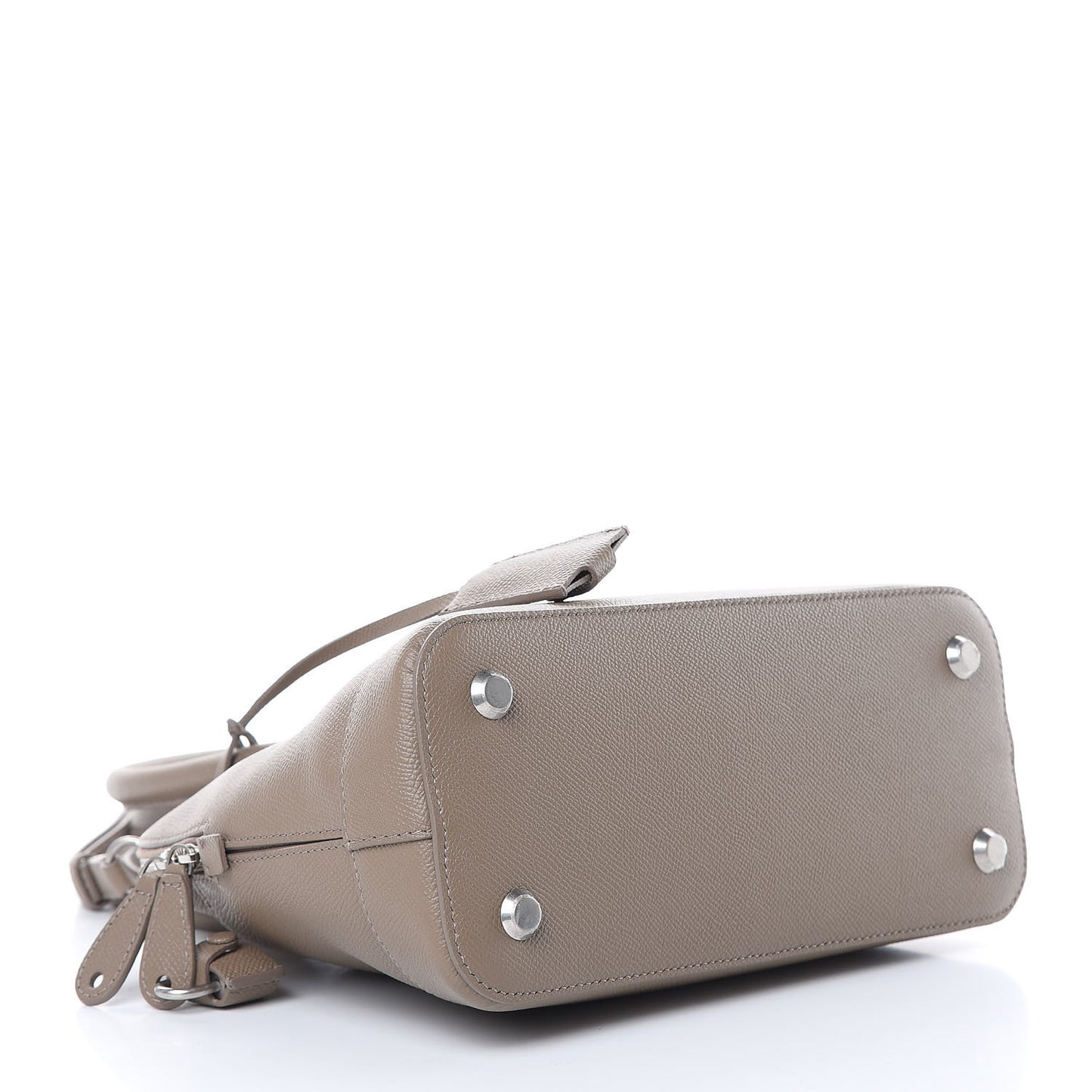 Signature Grained Calfskin Logo S Ville Top Handle Bag Mink Grey White