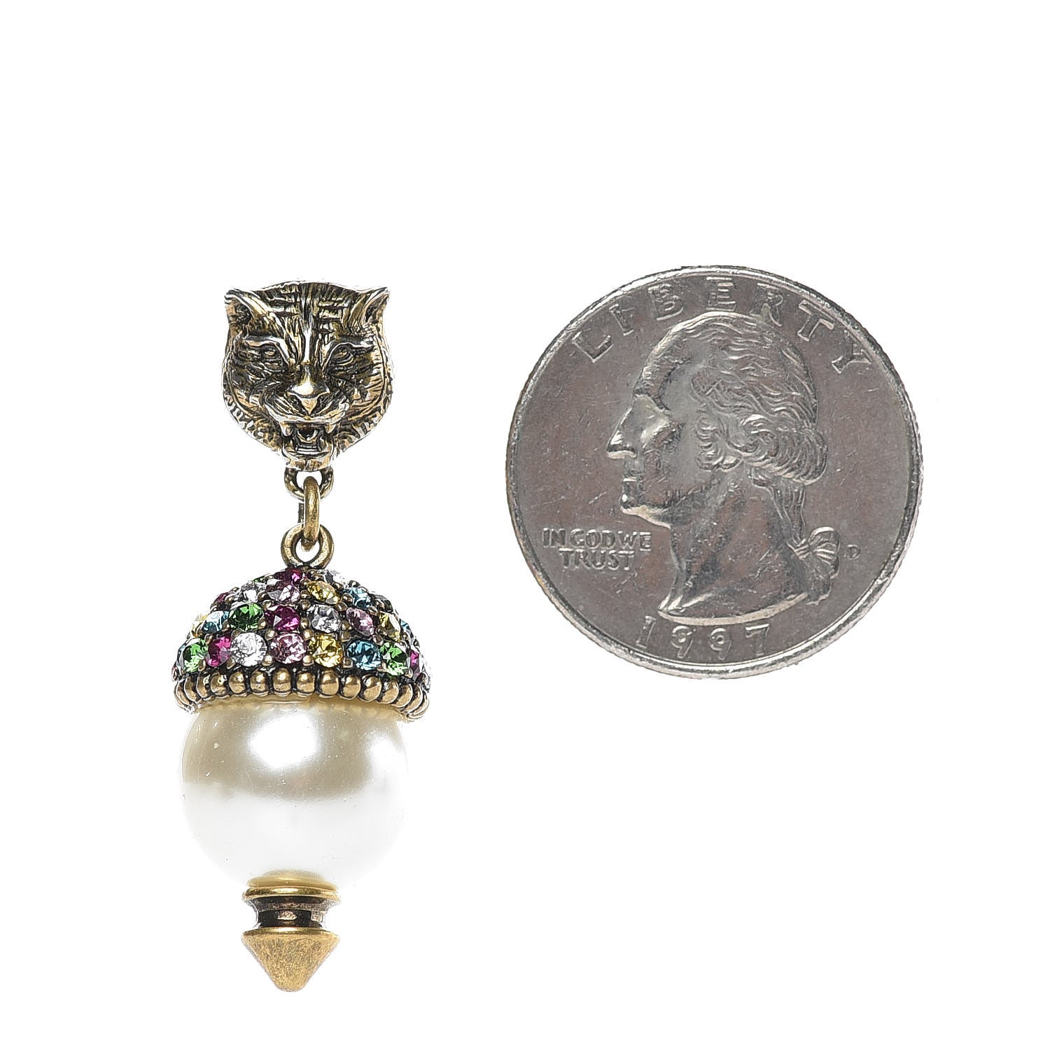 Gucci Metal Crystal Pearl Feline Earrings Aged Gold 2 of 4
