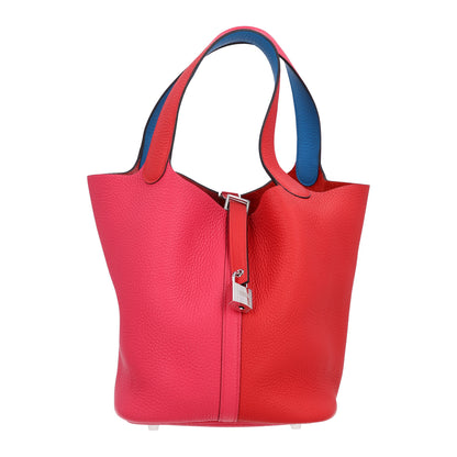 Hermes Taurillon Clemence Casaque Picotin Lock 22 MM Rouge De Coeur Rose Extreme Bleu Zanzibar 1 of 10
