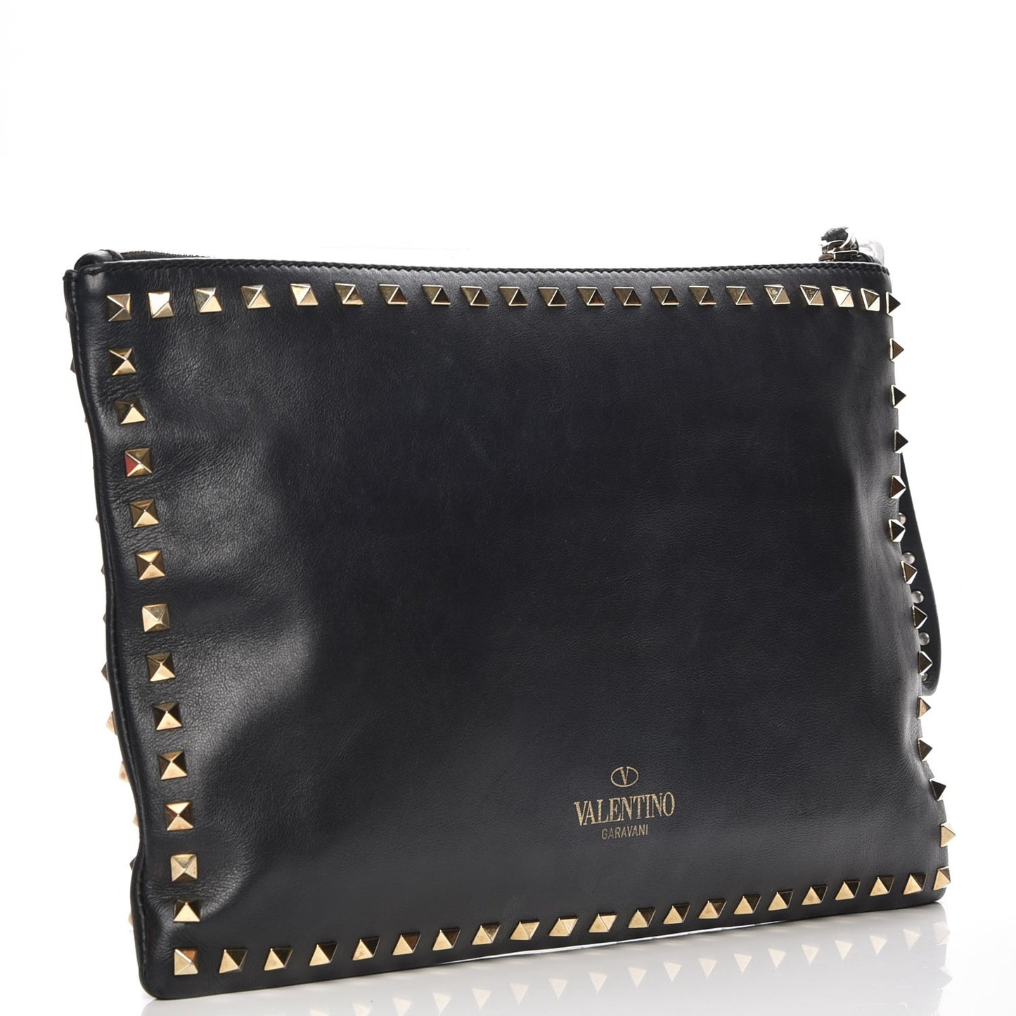 Vitello Large Rockstud Zip Wristlet Pouch Black