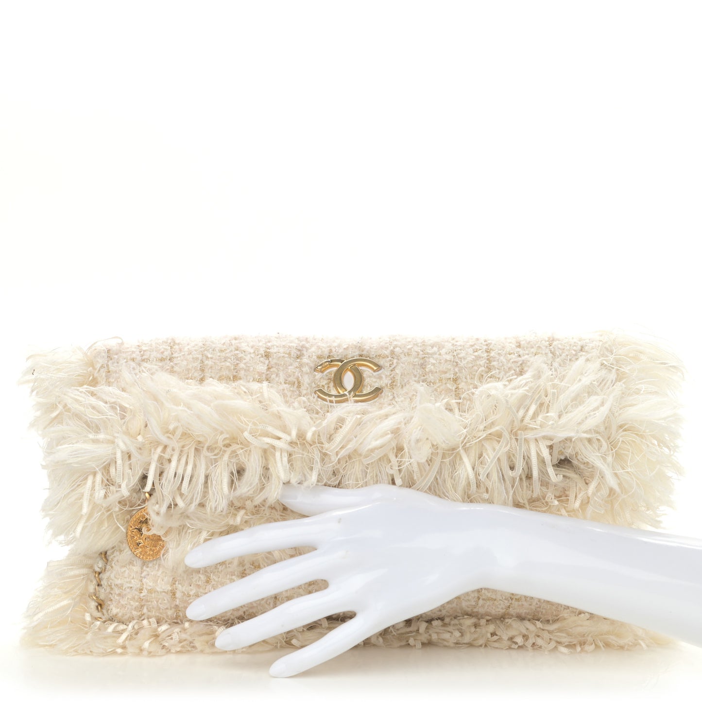Tweed Quilted Fringe Clutch White