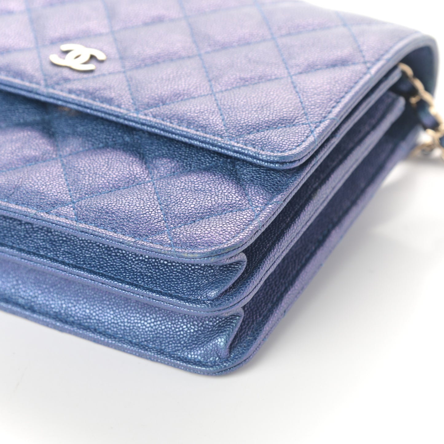 Iridescent Caviar Quilted Square Wallet On Chain WOC Blue