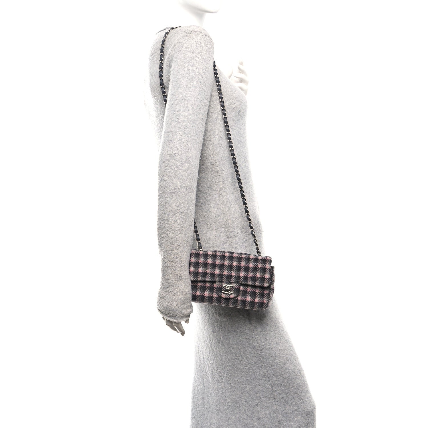 Chanel Wool Plaid Quilted Mini Rectangular Flap Pink Grey