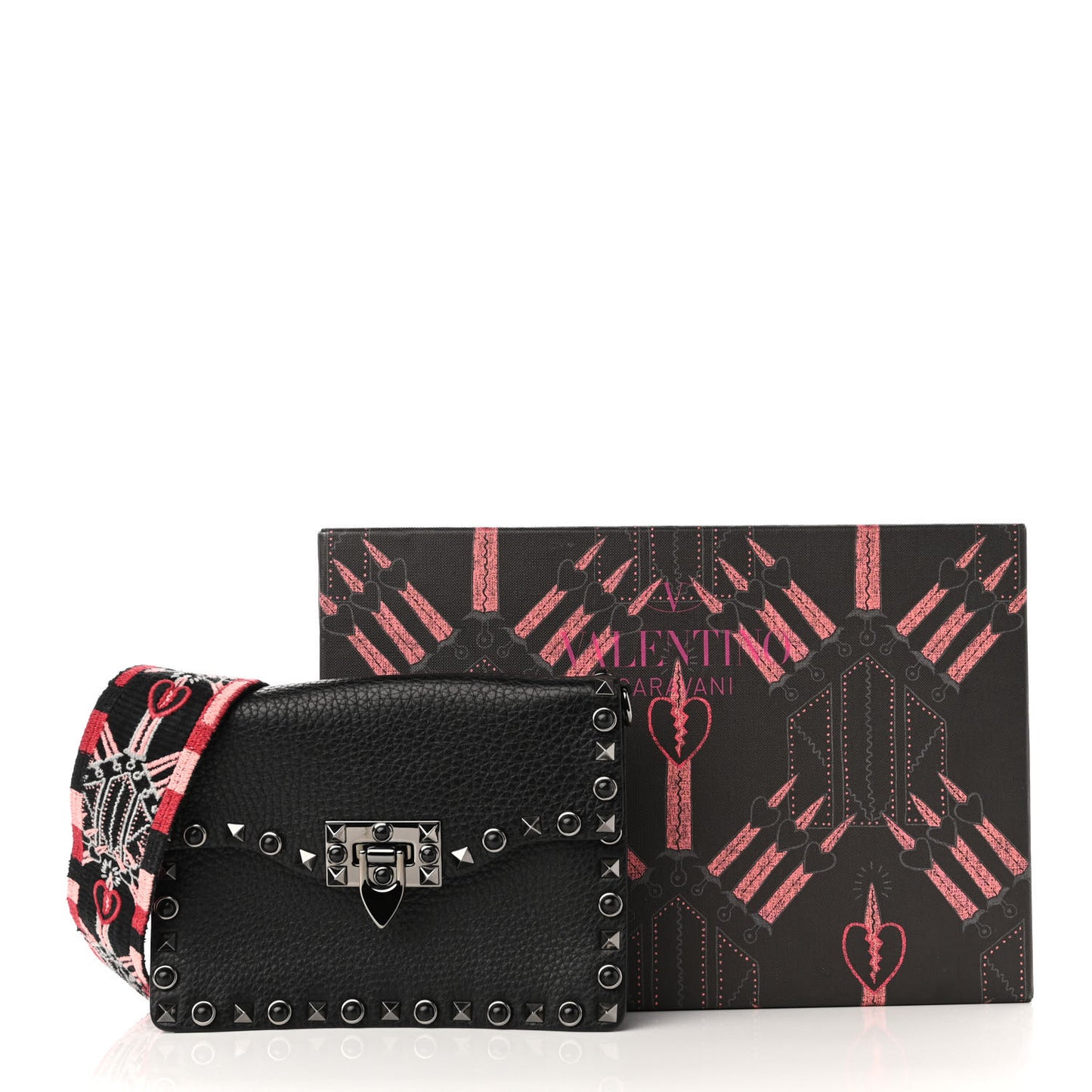 Calfskin Small Guitar Strap Rockstud Rolling Shoulder Flap Bag Black