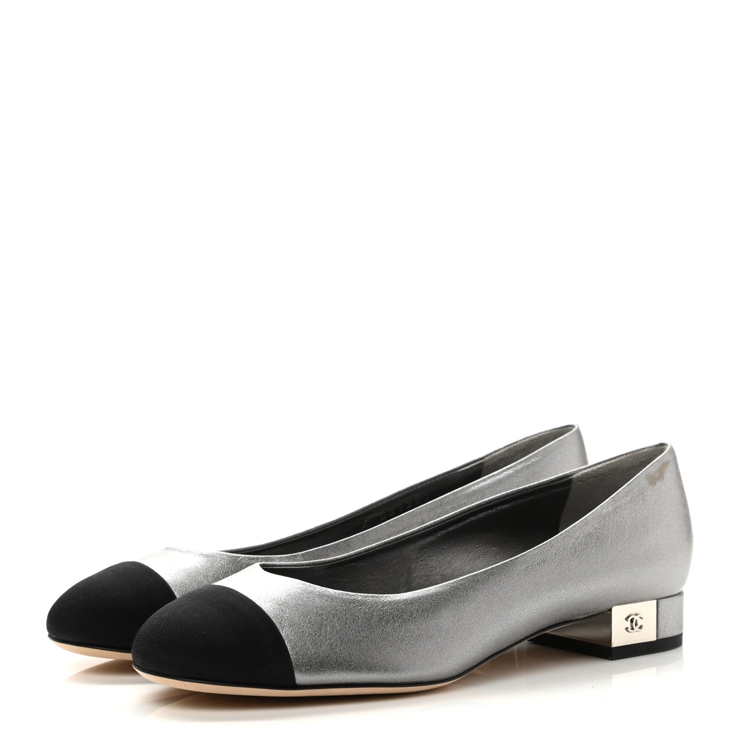 Metallic Calfskin Grosgrain Cap Toe CC Ballerina Flats 37 Silver Black