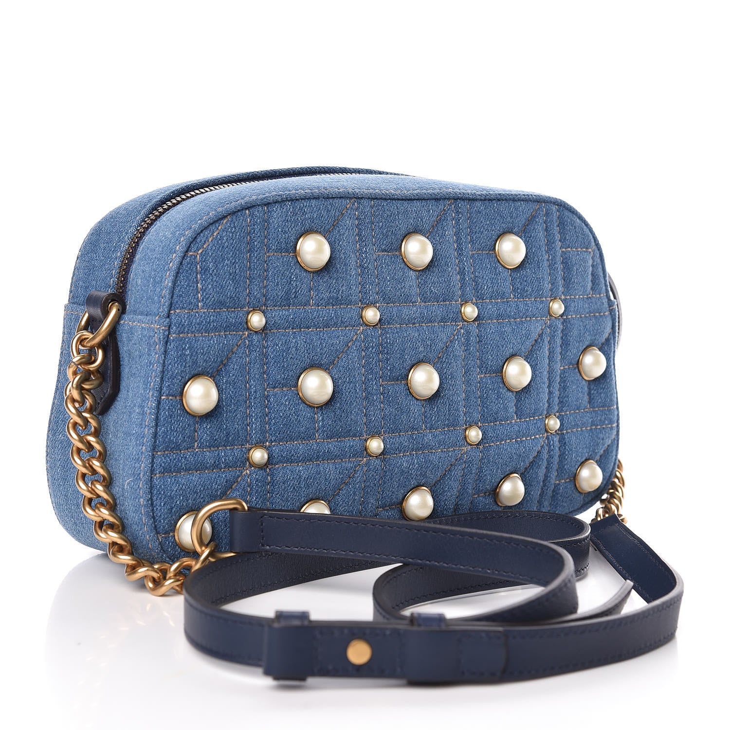 Gucci Denim Matelasse Pearl Studded Small GG Marmont Chain Shoulder Bag Blue 3 of 9