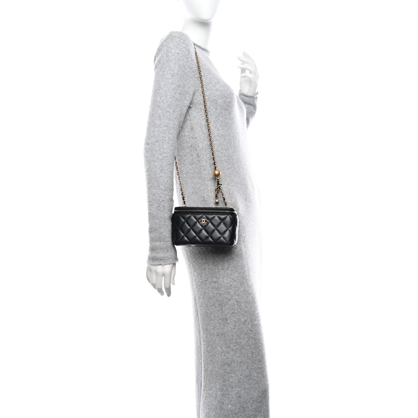 Lambskin Quilted Small Pearl Crush Vanity Case With Chain Black