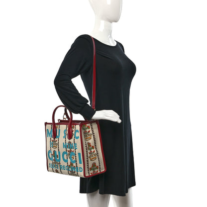 Gucci Canvas Jacquard Calfskin 100 Centennial Music Small Tote Bag Ivory Red 2 of 8