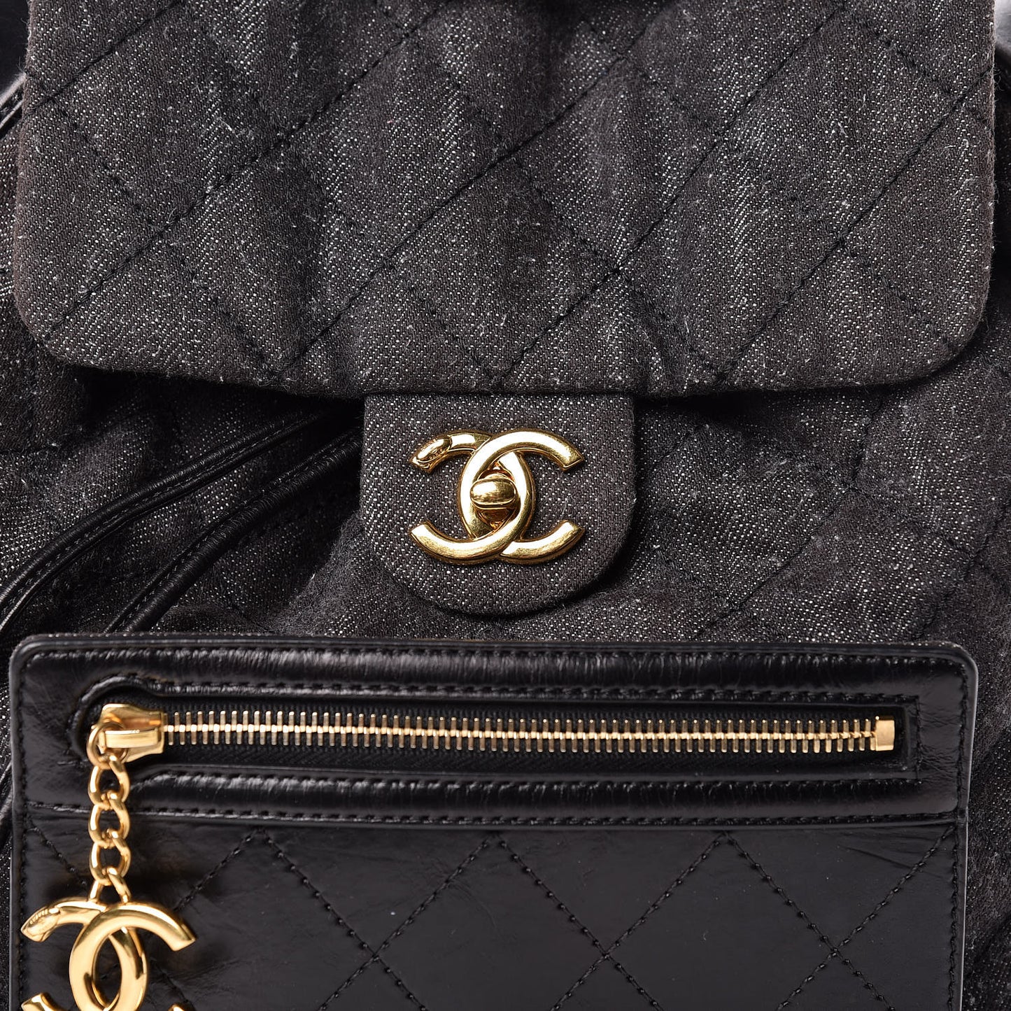 Denim Calfskin Quilted Backpack Dark Grey Black