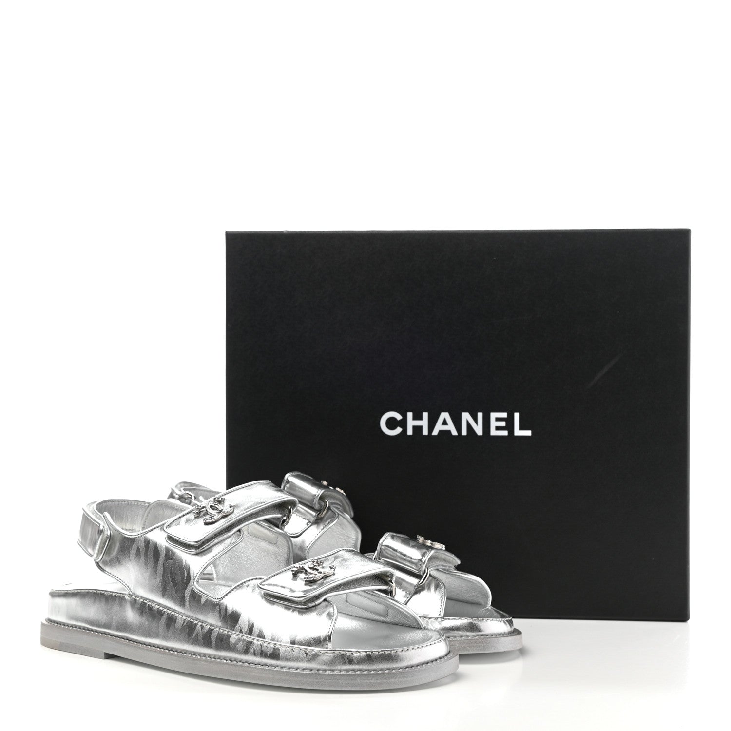 Chanel Laminated Calfskin Velcro Dad Sandals 38 Silver 9 of 9