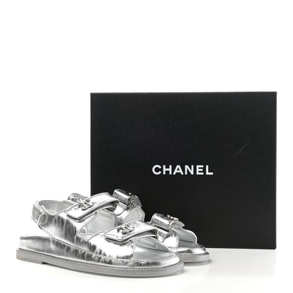 Chanel Laminated Calfskin Velcro Dad Sandals 38 Silver 9 of 9