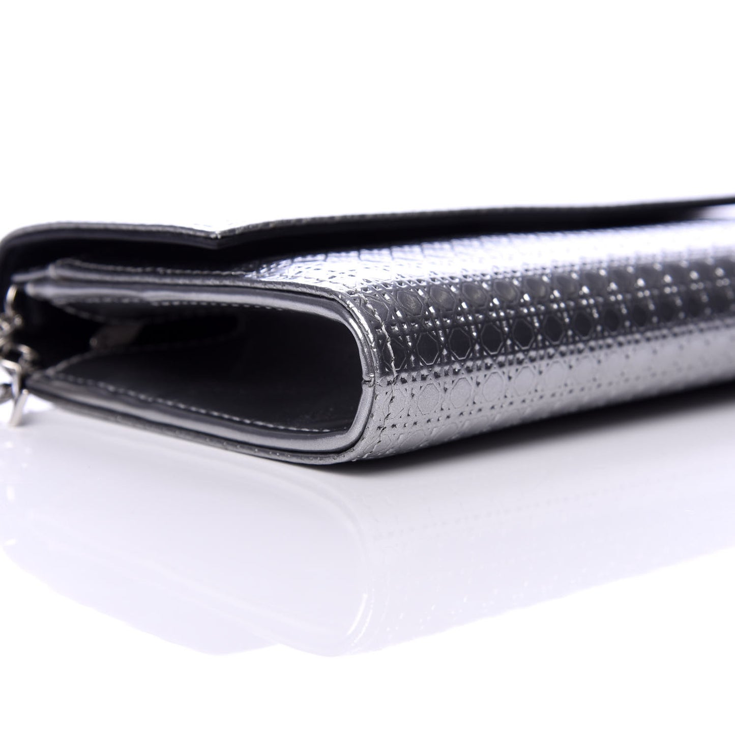 Metallic Patent Micro-Cannage Lady Dior Croisiere Chain Wallet Silver
