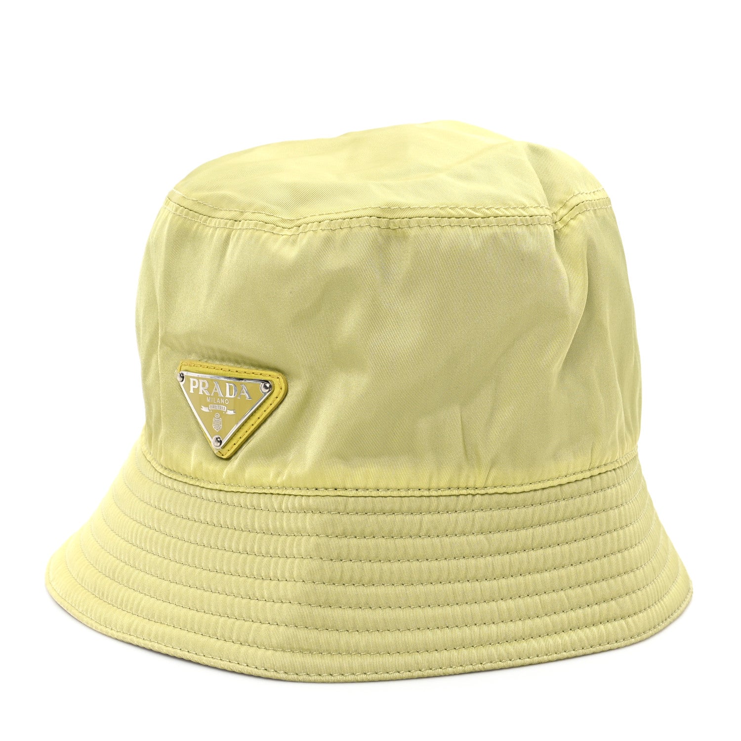 Prada Re-Nylon Metal Triangle Logo Mens Bucket Hat M Giallo 1 of 8