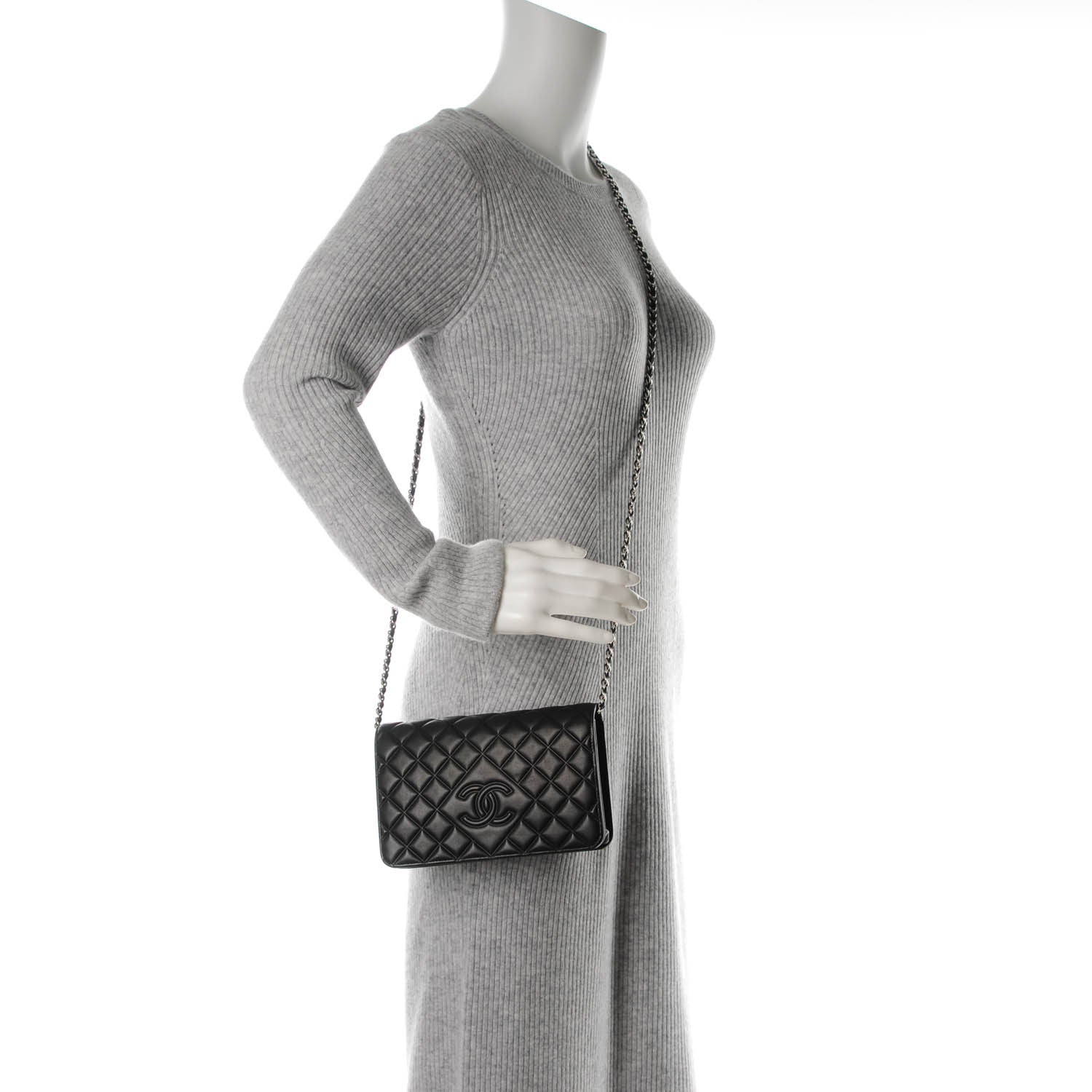 Chanel Lambskin Quilted Diamond CC Wallet On Chain WOC Black 2 of 9