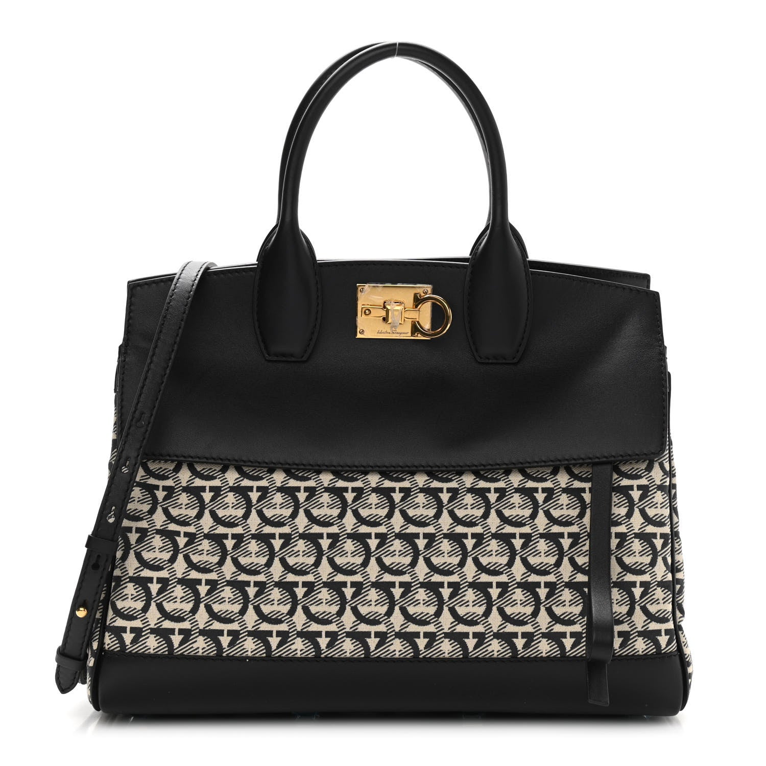 Salvatore Ferragamo Canvas Calfskin Gancini The Studio Bag Black Beige 1 of 11