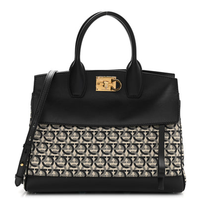 Salvatore Ferragamo Canvas Calfskin Gancini The Studio Bag Black Beige 1 of 11