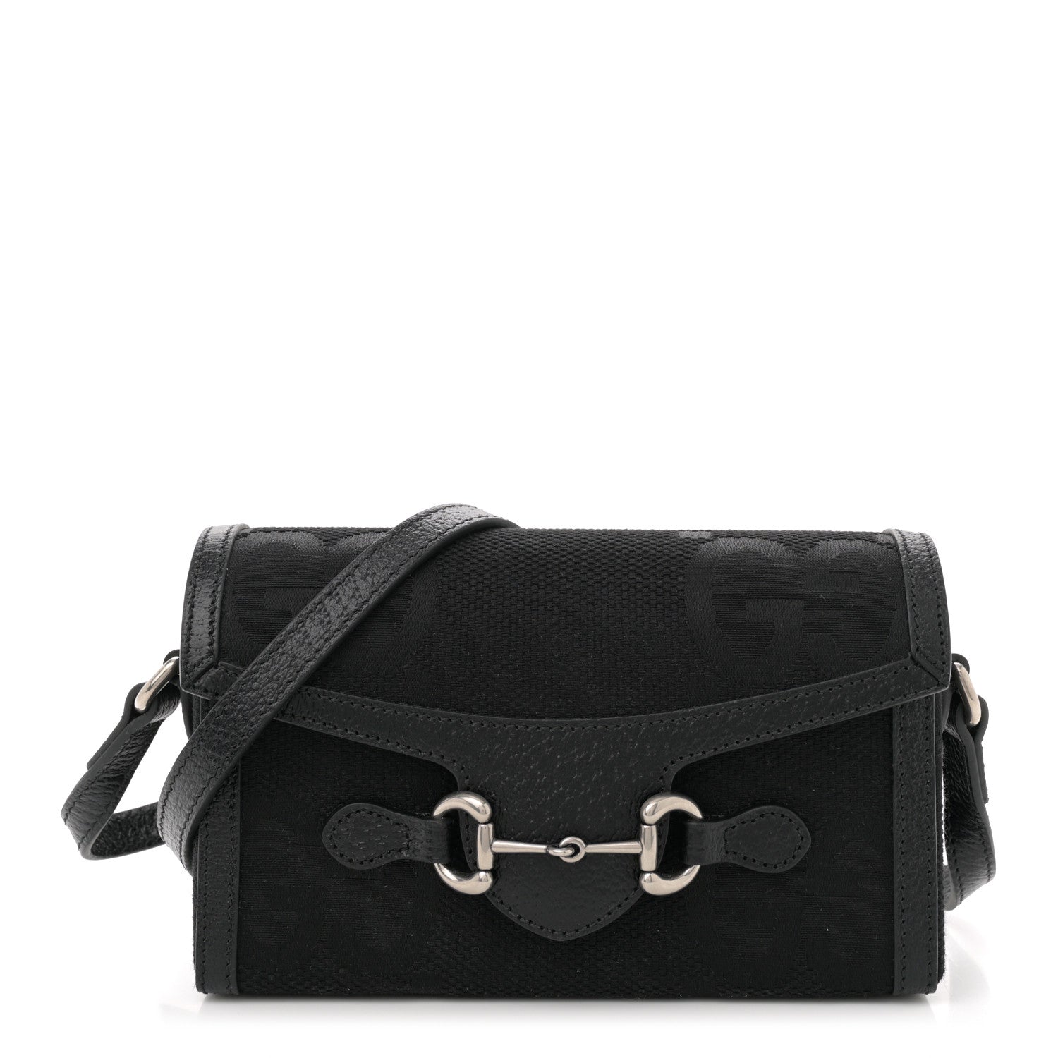 Gucci Monogram Jumbo GG Textured Dollar Calfskin Mini Horsebit 1955 Shoulder Bag Black 1 of 12
