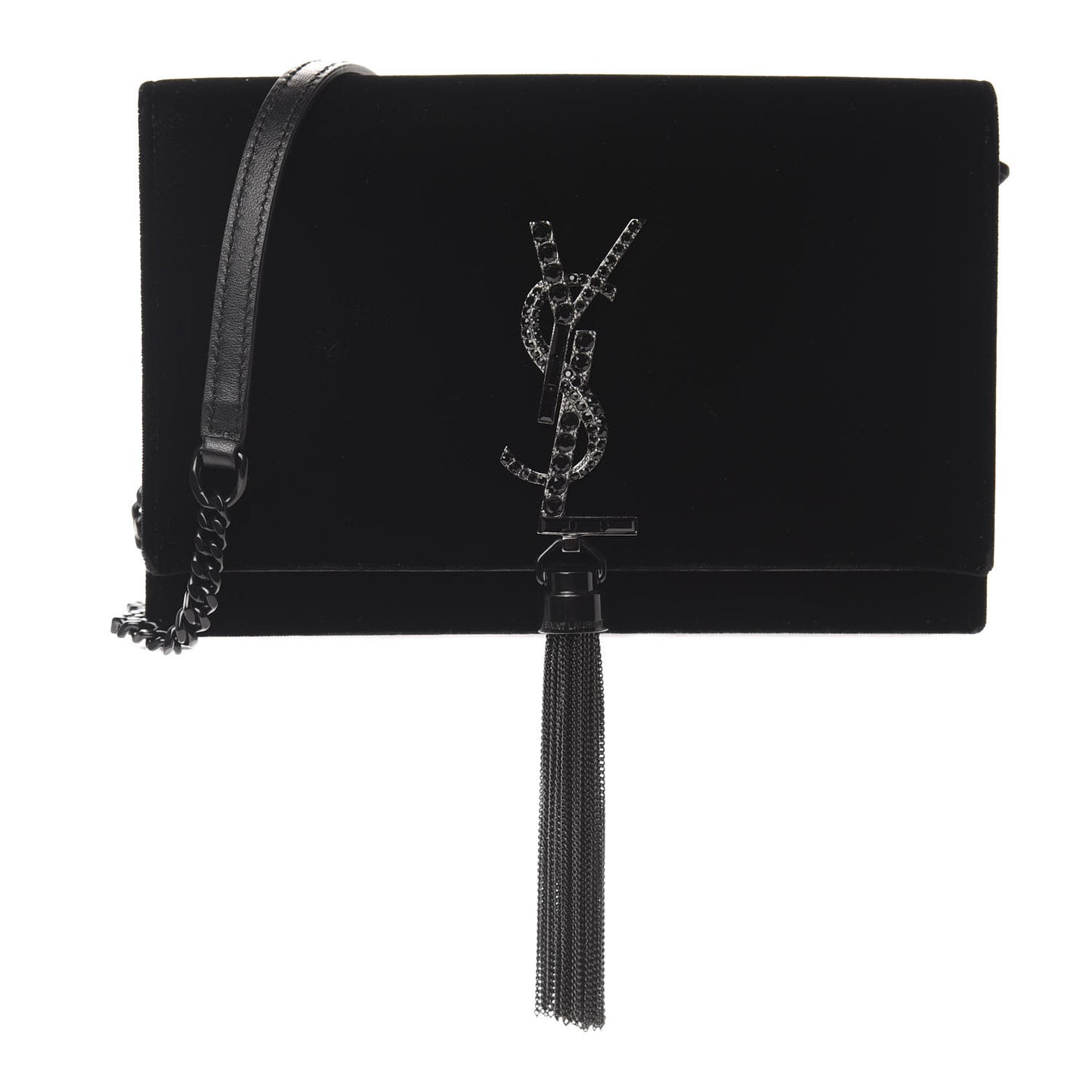 Velvet Crystal Monogram Kate Tassel Chain Wallet Black