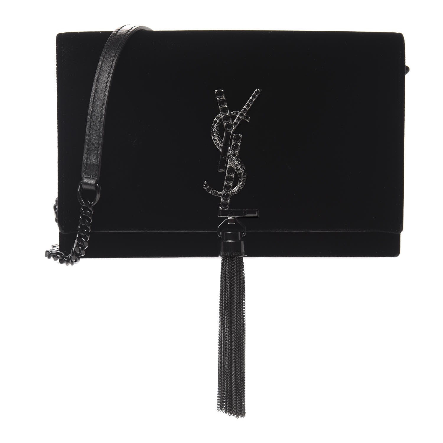 Saint Laurent Velvet Crystal Monogram Kate Tassel Chain Wallet Black 2 of 10