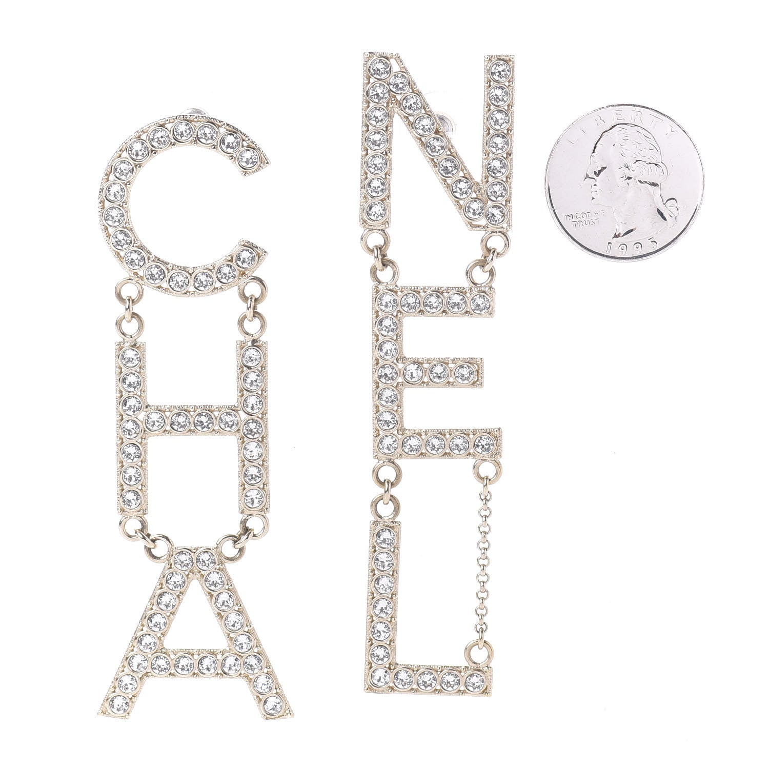 Chanel Crystal Cha-Nel Logo Drop Earrings Gold 2 of 4