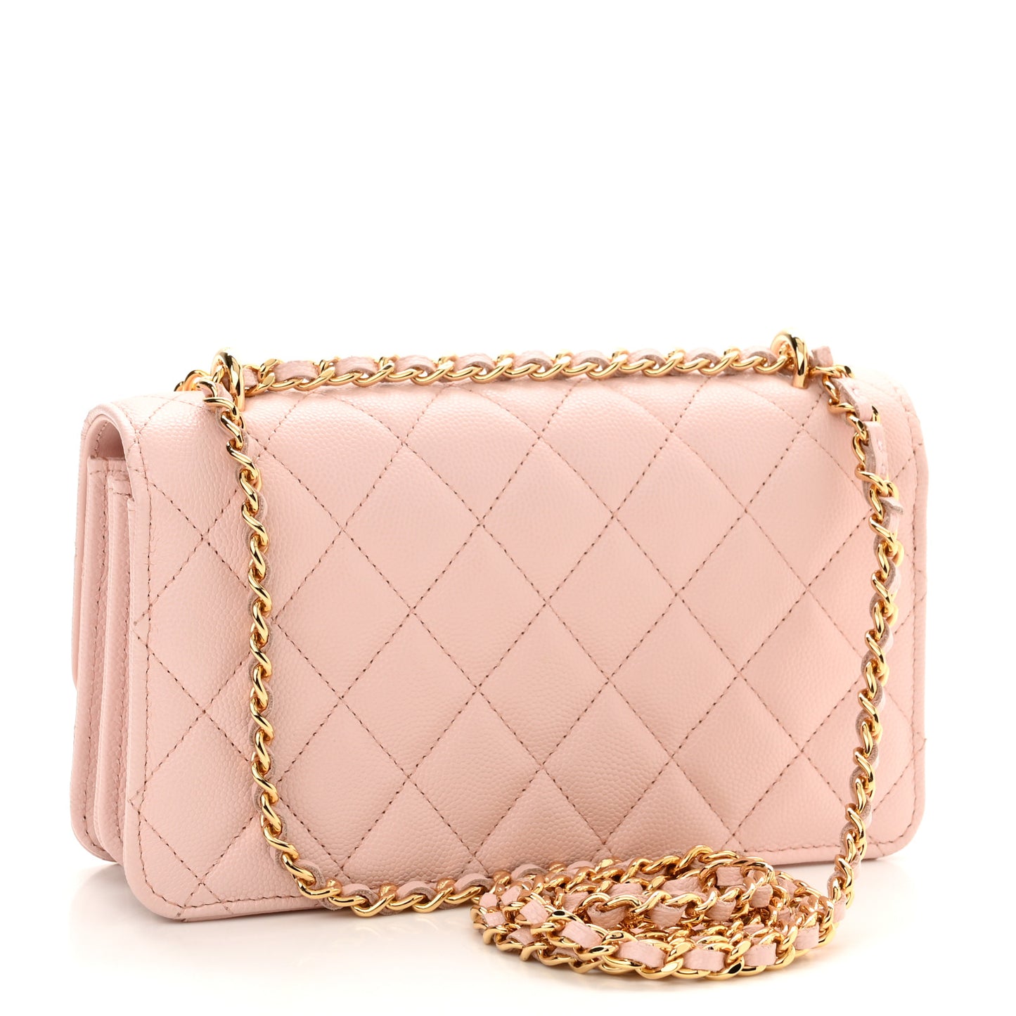 Shiny Caviar Quilted Flap Charm Wallet On Chain WOC Light Pink