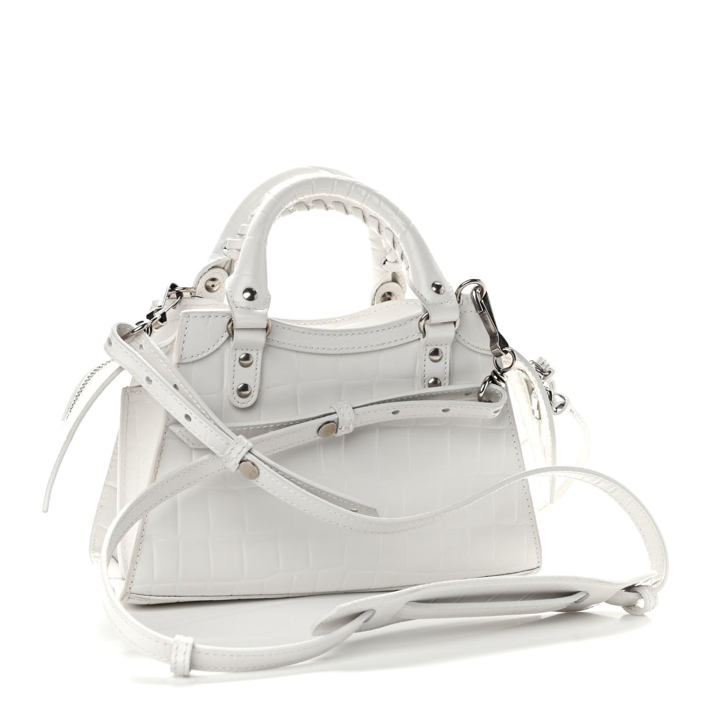 Semi Shiny Calfskin Crocodile Embossed Neo Classic Silver Hardware Mini City White