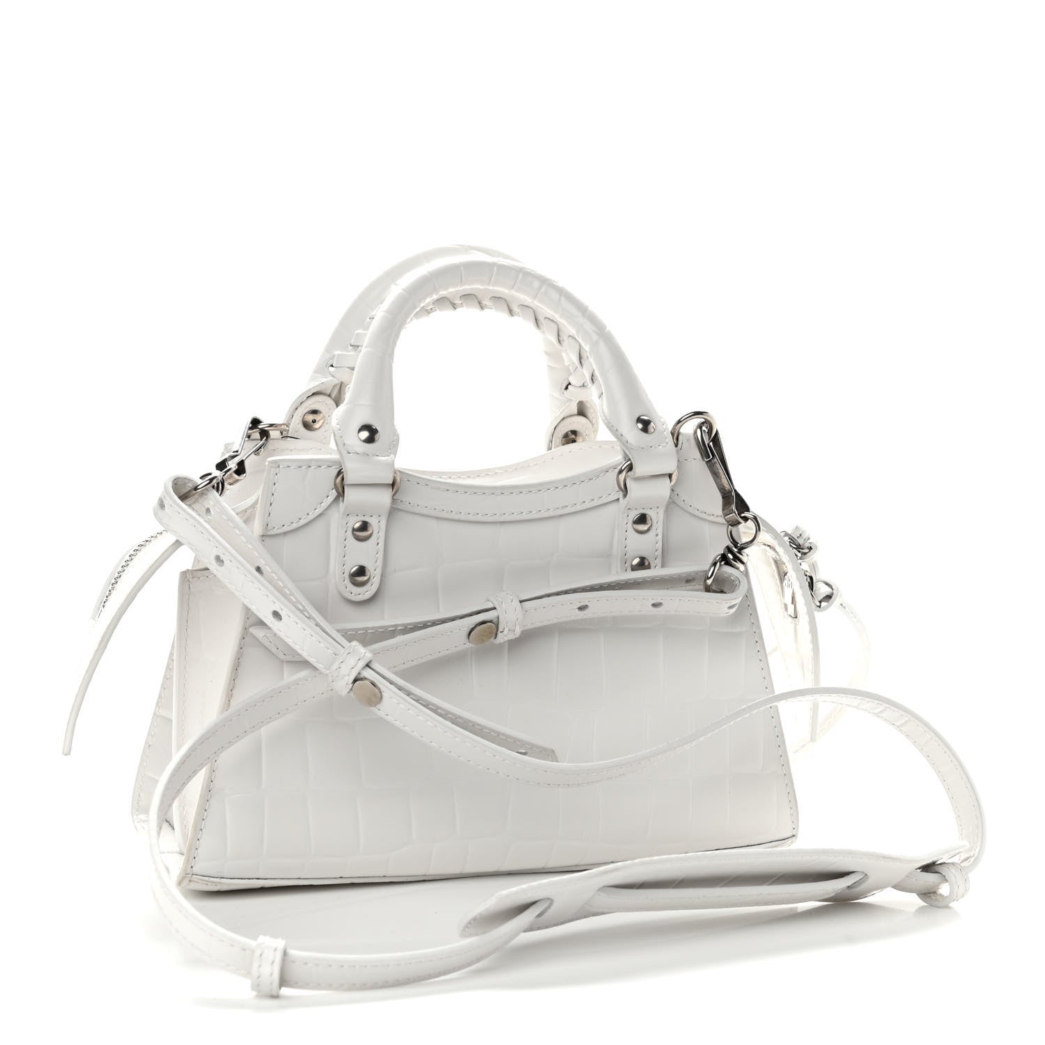 Balenciaga Semi Shiny Calfskin Crocodile Embossed Neo Classic Silver Hardware Mini City White 3 of 9