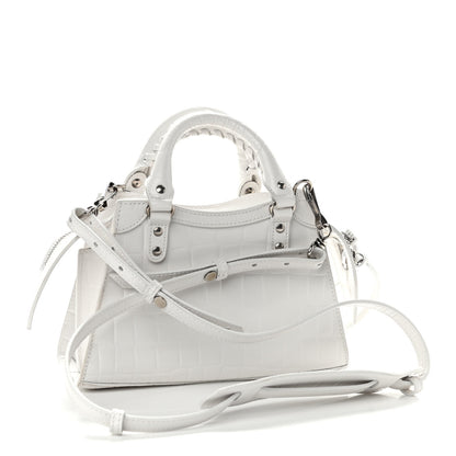 Balenciaga Semi Shiny Calfskin Crocodile Embossed Neo Classic Silver Hardware Mini City White 3 of 9
