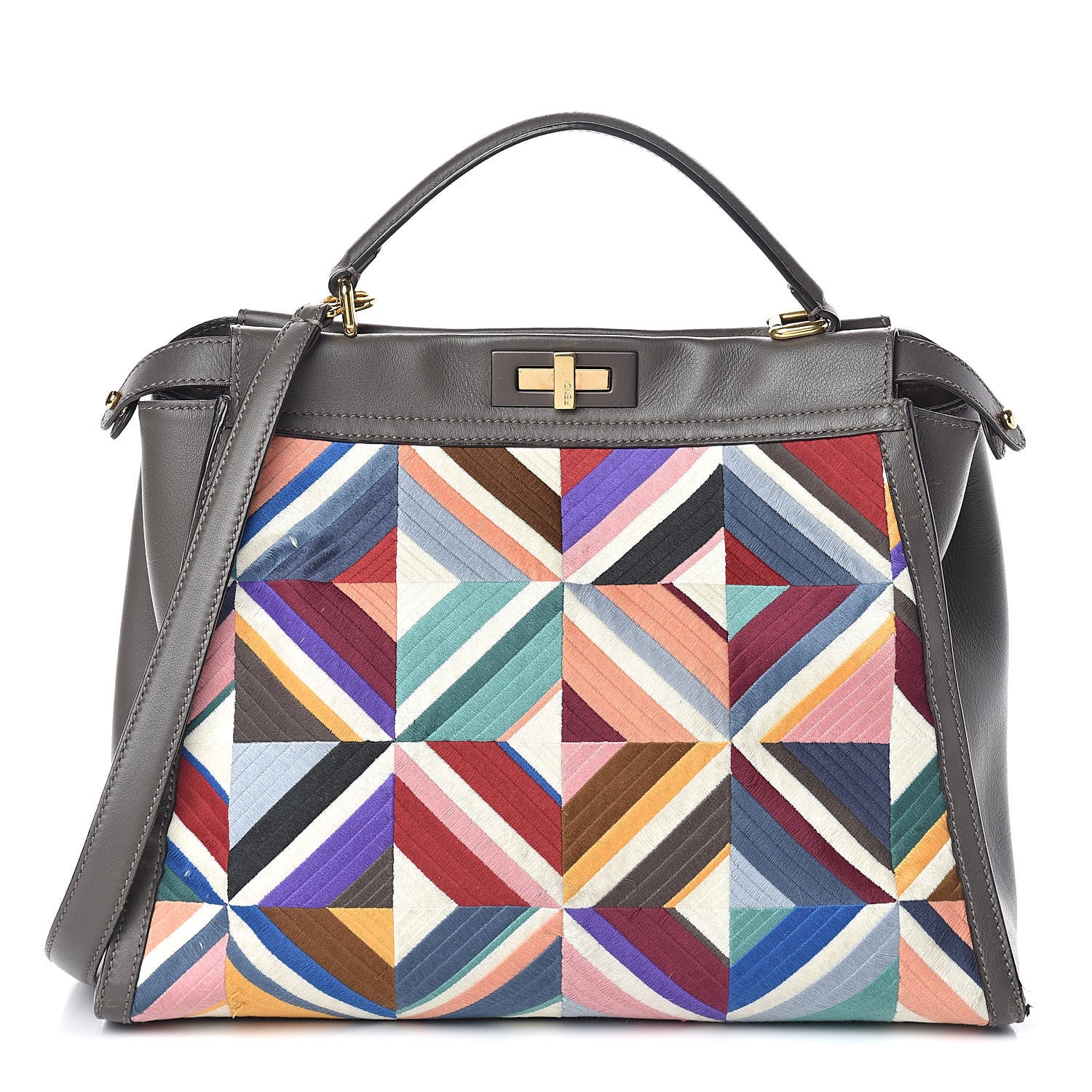 Fendi Calfskin Geometric Embroidered Large Peekaboo Iconic Satchel Grey 1 of 12
