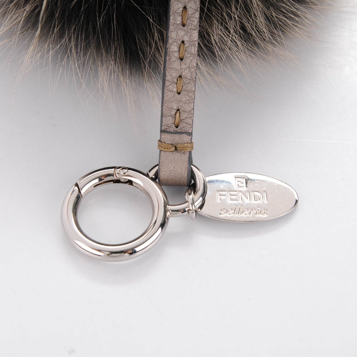 Fox Fur Cuoio Romano Selleria Pom Pom Bag Charm Grey