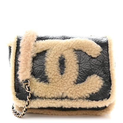 Chanel Shiny Crumpled Sheepskin Shearling CC Mania Flap Bag Black Beige 1 of 14