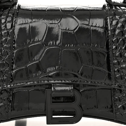Balenciaga Shiny Calfskin Monochrome Crocodile Embossed Hourglass Top Handle Bag XS Black 7 of 10