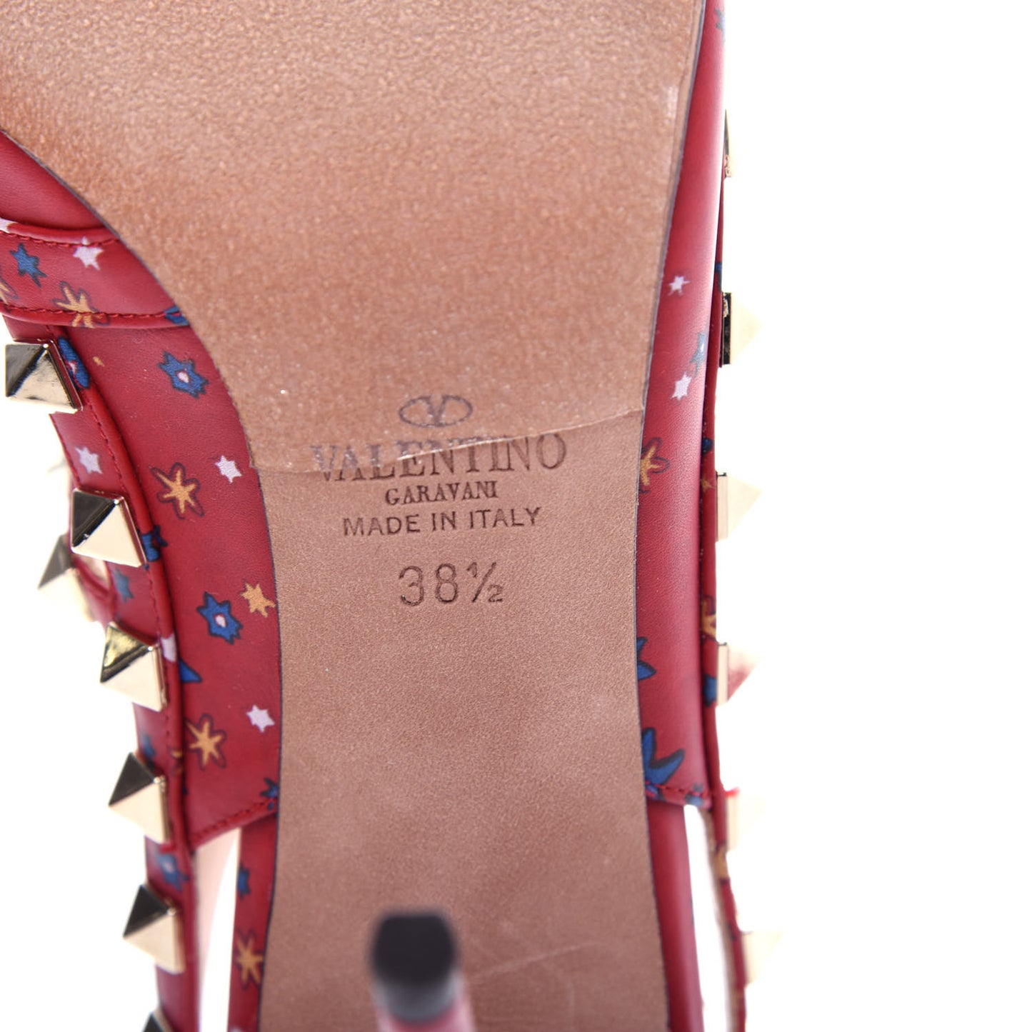 Calfskin Nappa Volcano Print Rockstud Ankle Strap 100mm Pumps 38.5 Rosso Valentino