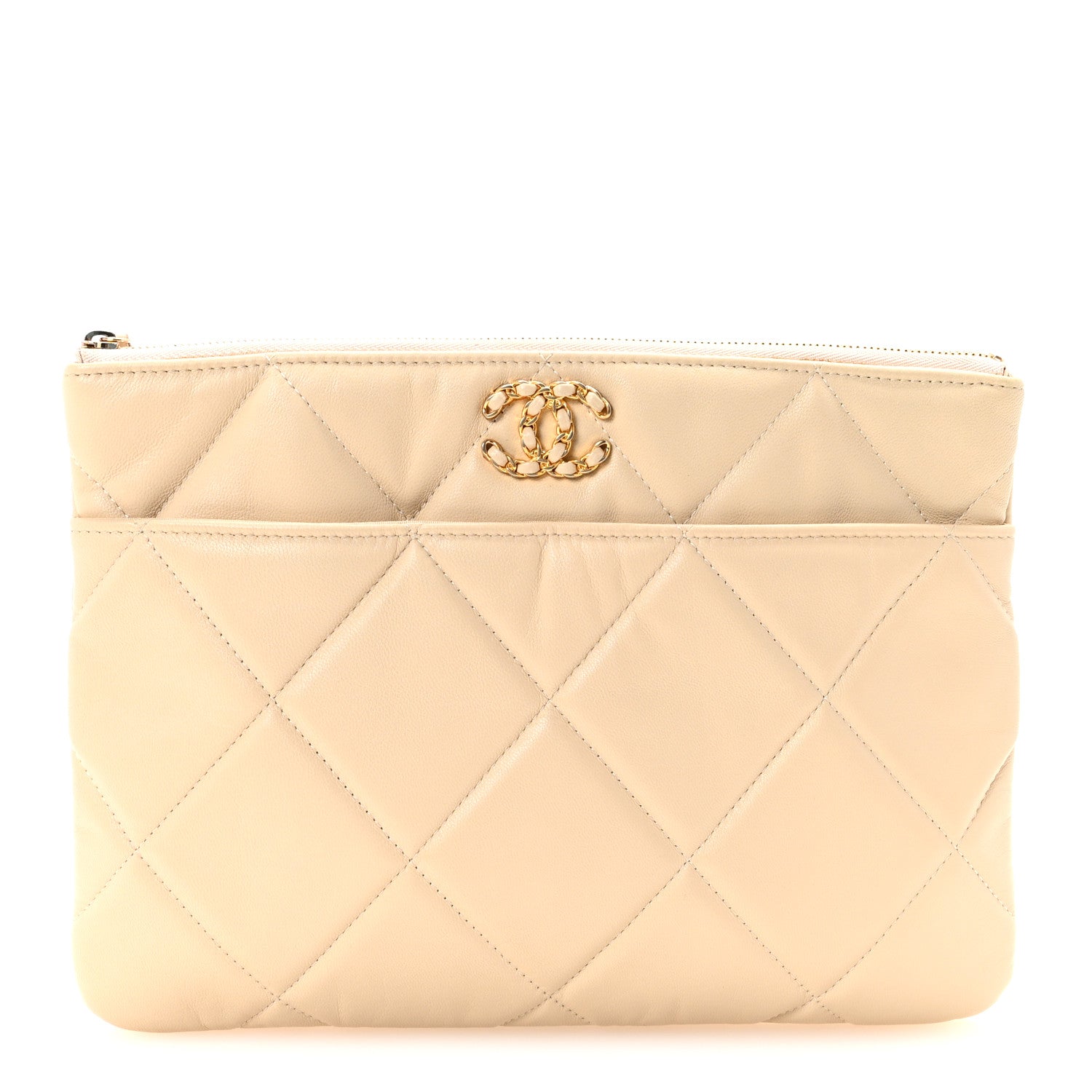 Chanel Shiny Goatskin Quilted Chanel 19 Pouch Beige 1 of 7