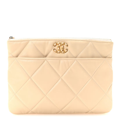 Chanel Shiny Goatskin Quilted Chanel 19 Pouch Beige 1 of 7