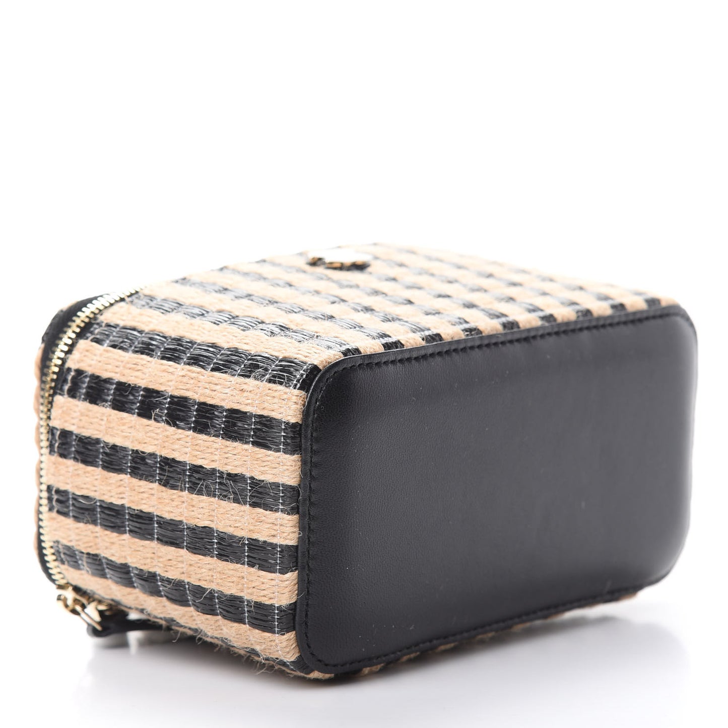 Raffia Jute Striped Small Vanity Case With Chain Black Beige
