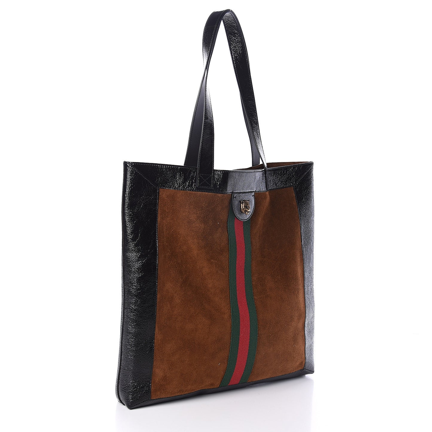 Suede Patent Web Large Ophidia Vertical Shopping Tote Nocciola Black