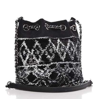 Chanel Sequin Wool Drawstring Bag Bag Black Silver 3 of 9