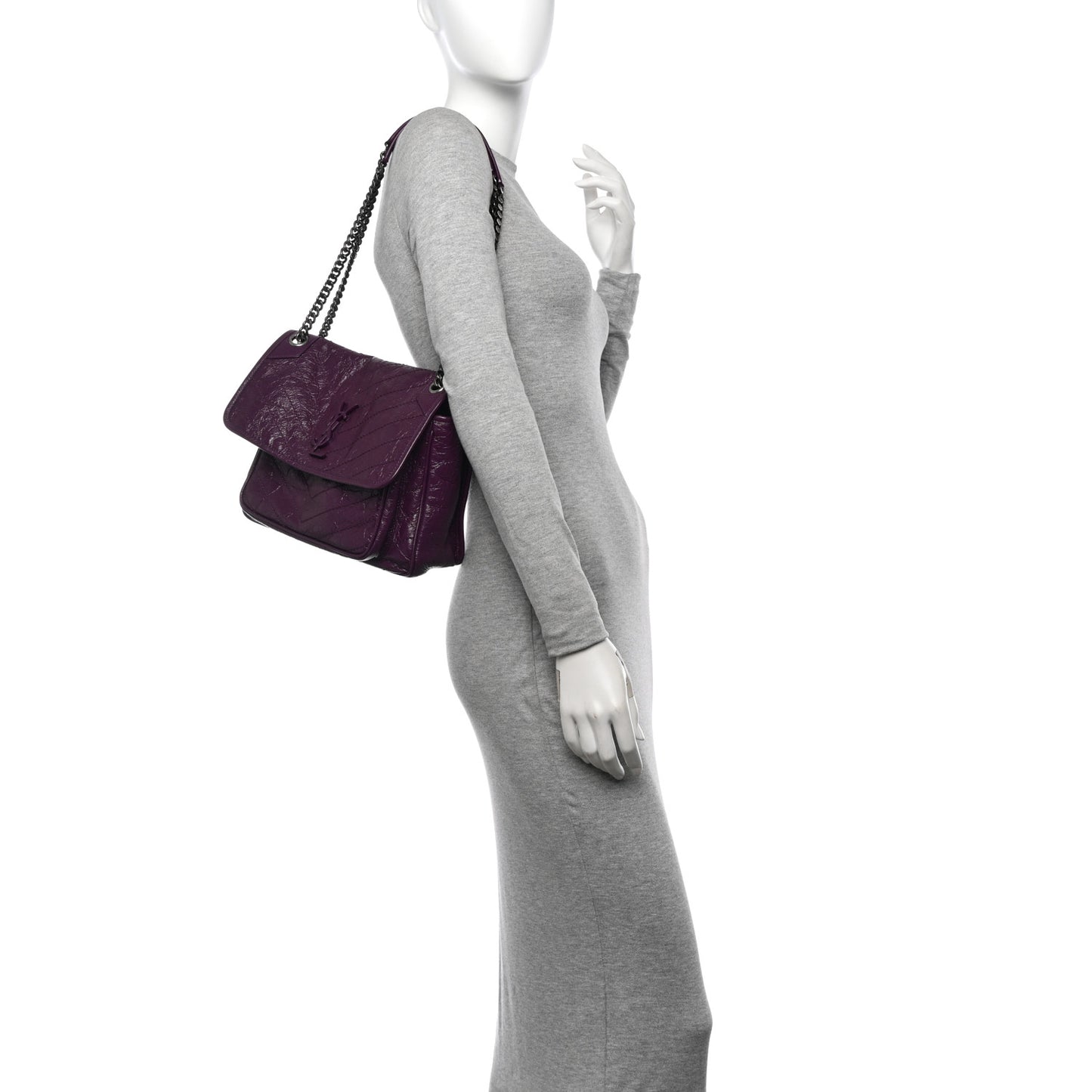 Crinkled Calfskin Matelasse Monogram Medium Niki Chain Satchel Plum