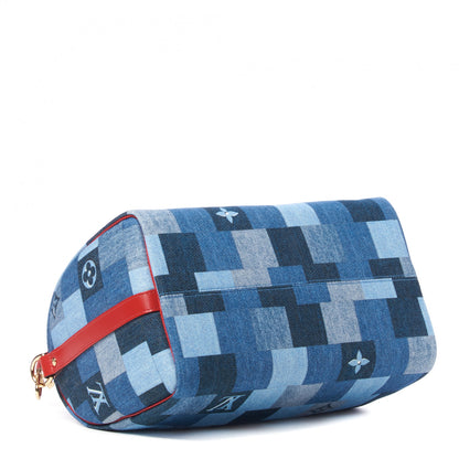 Louis Vuitton Denim Damier Monogram Patchwork Speedy Bandouliere 30 Blue Rouge 4 of 9