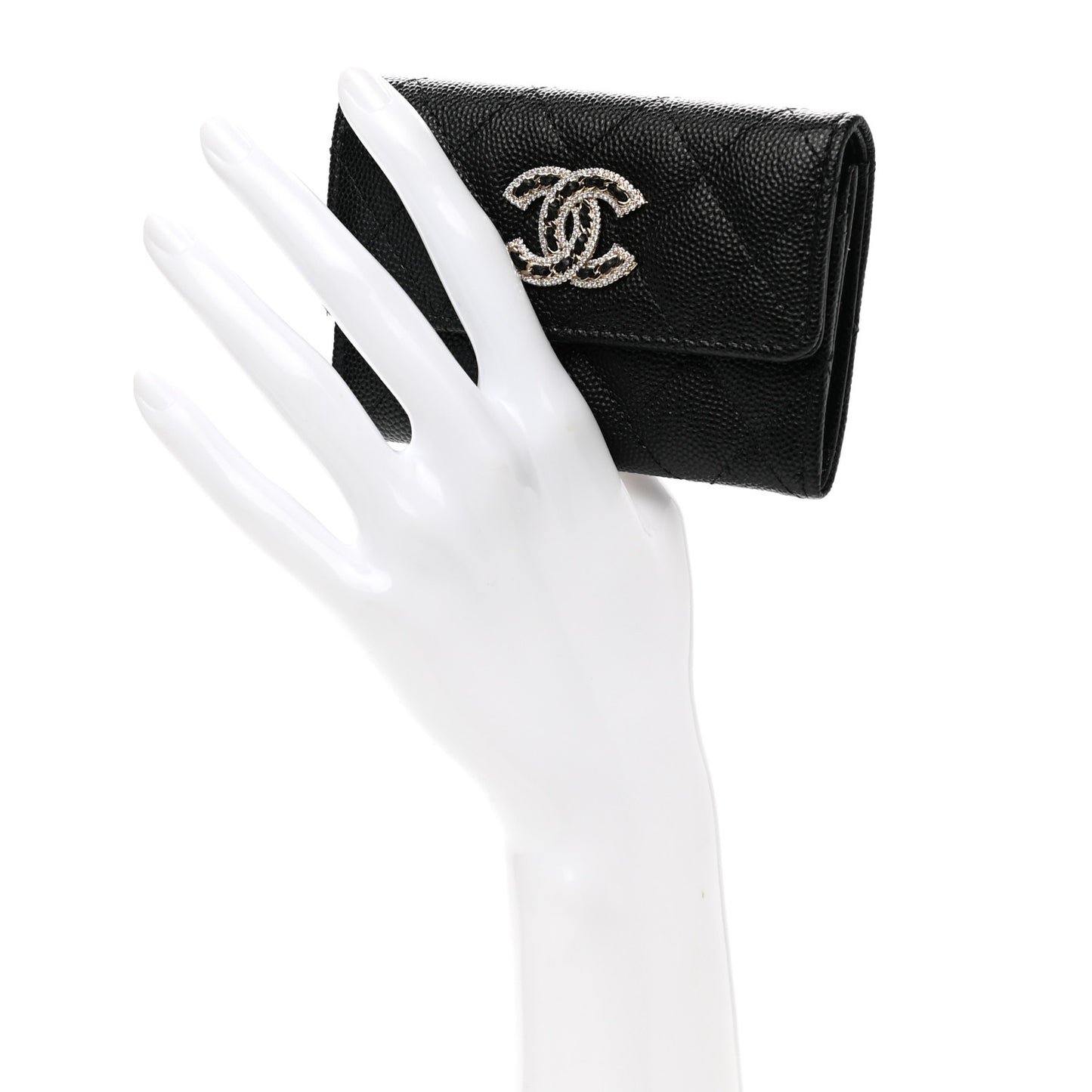 Caviar Quilted Crystal CC Flap Card Holder Black