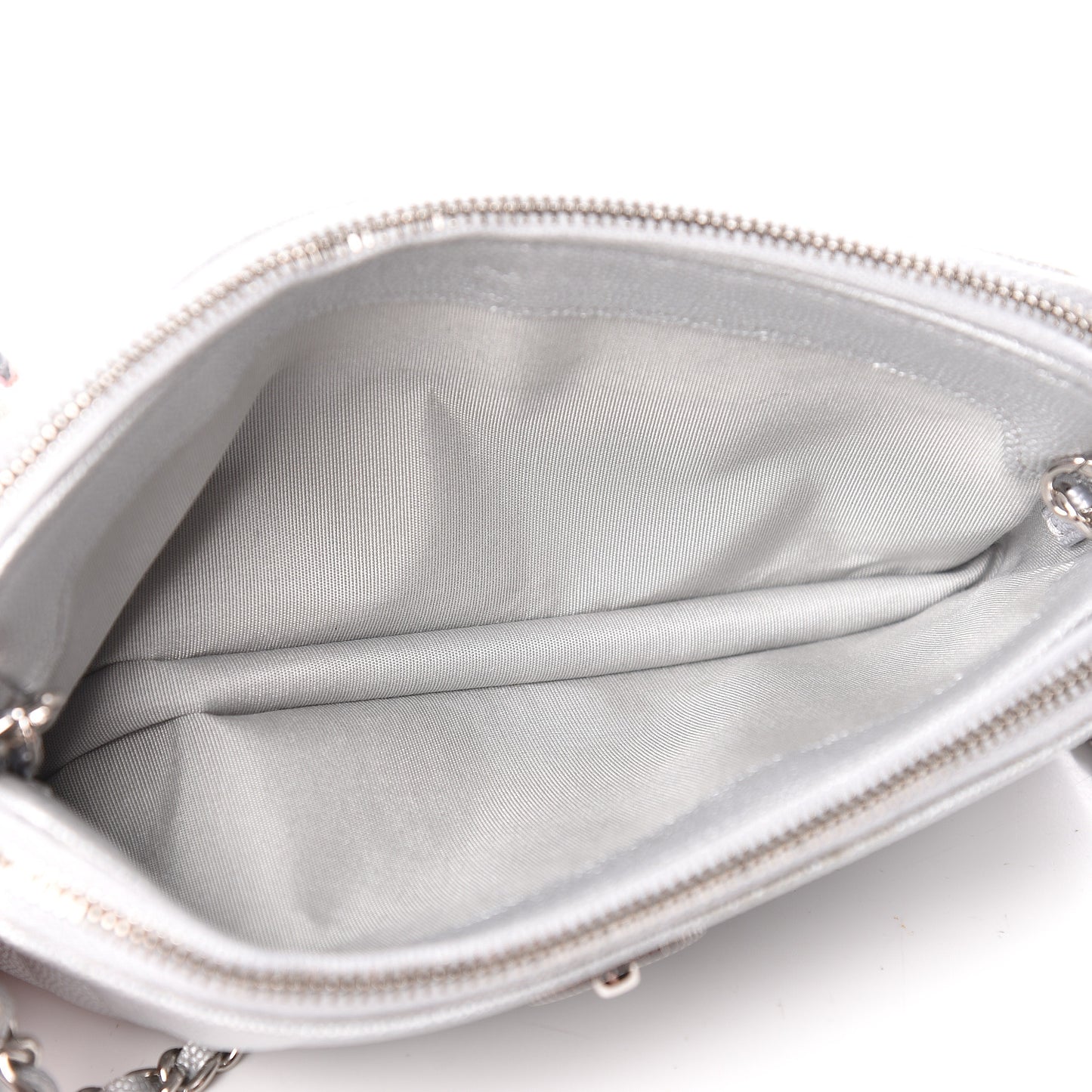 Metallic Caviar Chevron Quilted Small Vintage Mademoiselle Clutch With Chain Silver