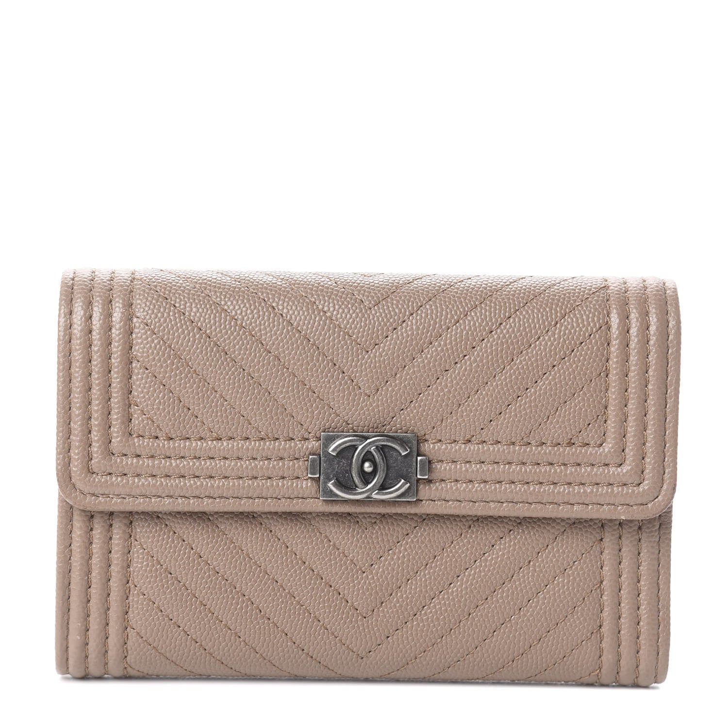 Chanel Caviar Chevron Quilted Medium Boy Flap Wallet Dark Beige 1 of 7
